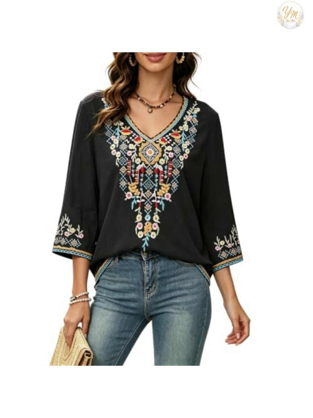 Embroidered Peasant Blouse 3/4 Sleeve Tunic V Neck Boho